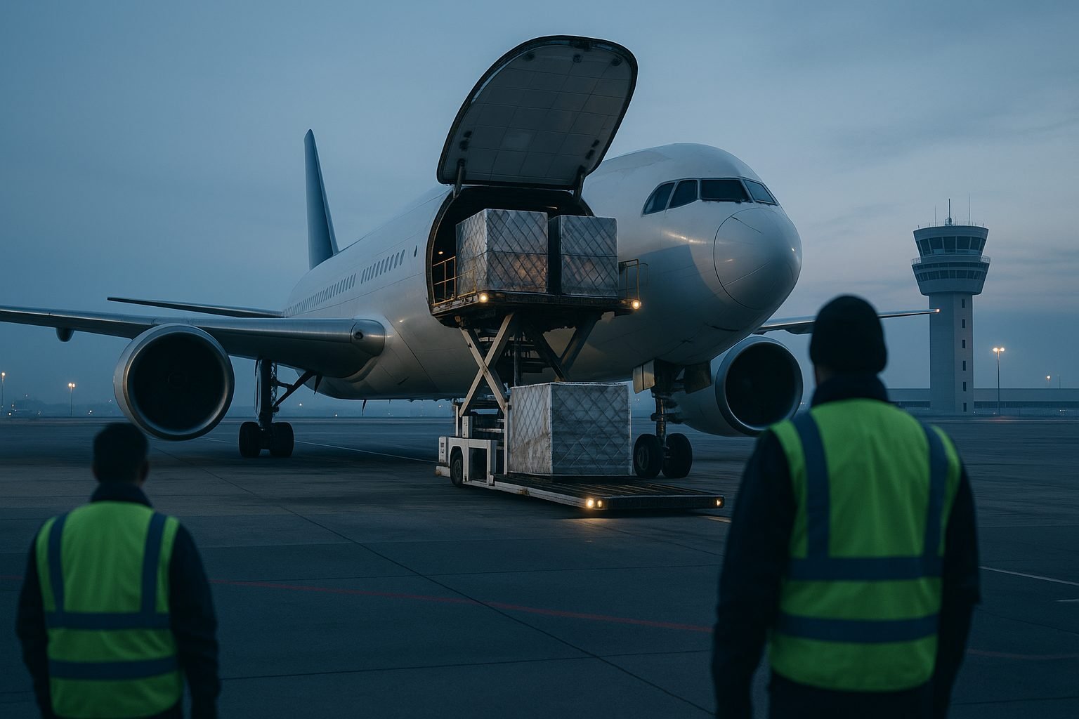 Avión de carga cargando mercancía en la bodega