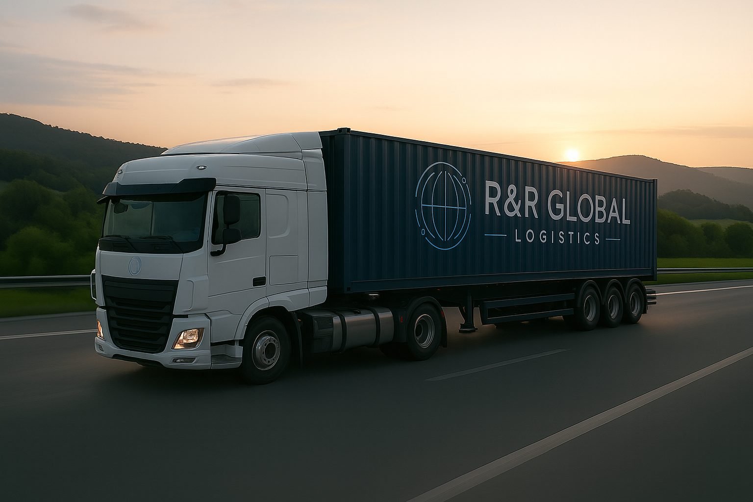 Camión de RR Global Logistics con contenedor de 40 pies en carretera