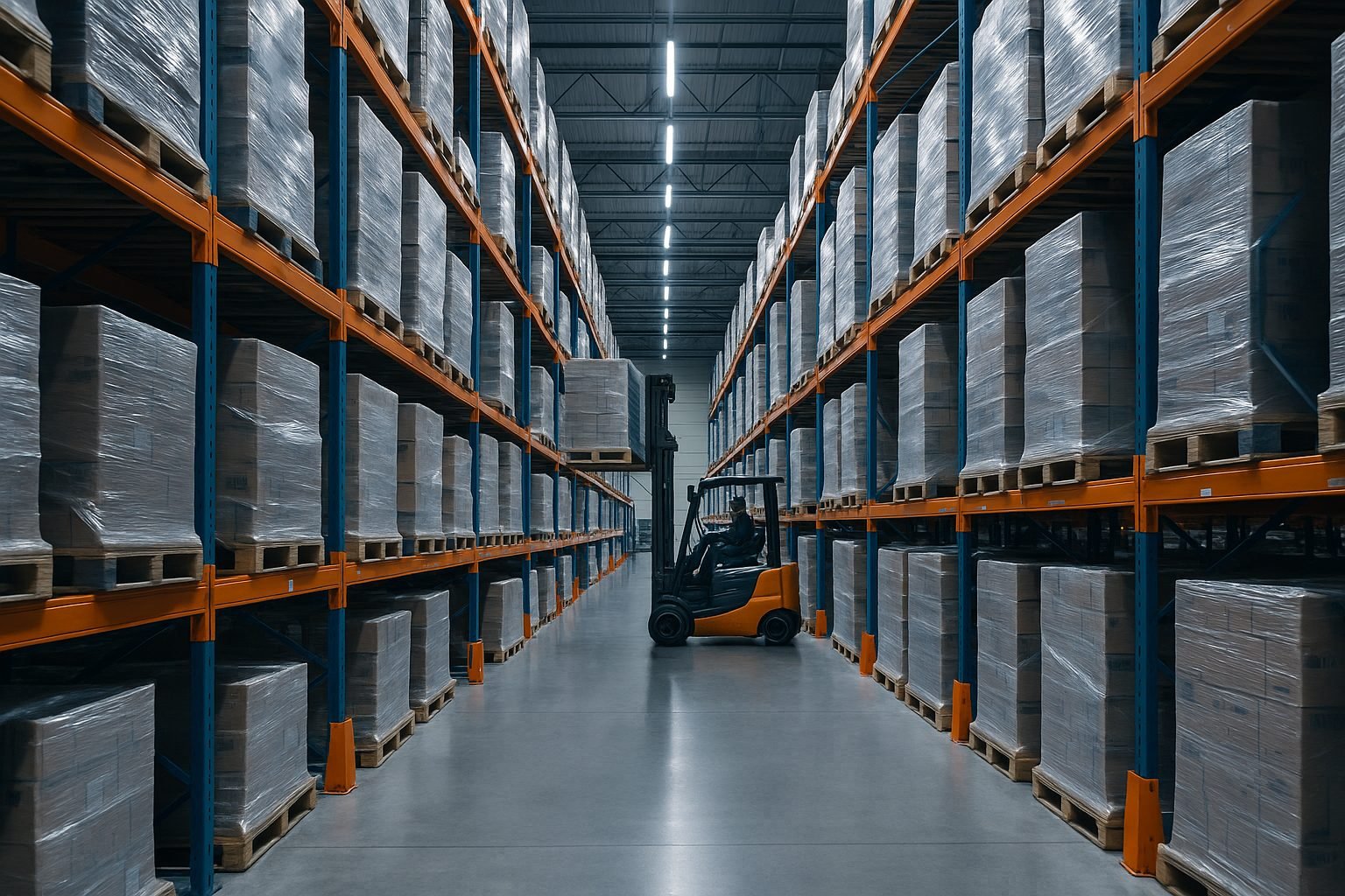 Interior de un almacén logístico con estanterías y carretilla